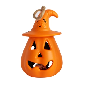 Halloween pumpkin lantern with witch hat and LED lights for festive indoor decoration