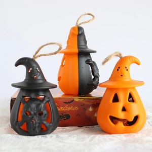 Halloween LED pumpkin and skull lanterns with rustic rope handles for festive decor