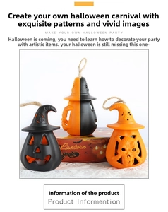 Three Halloween LED lanterns with wizard hats featuring pumpkin and skull designs