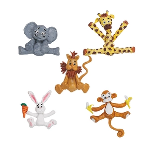 Detailed set of 5 cartoon forest animals clay-style toppers for jungle theme cake