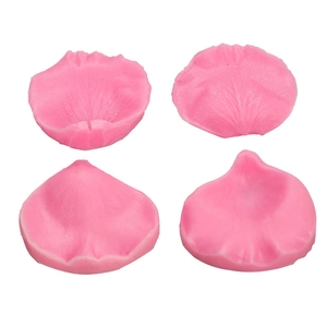 Detailed view of 4-piece pink silicone molds with realistic rose petal leaf textures