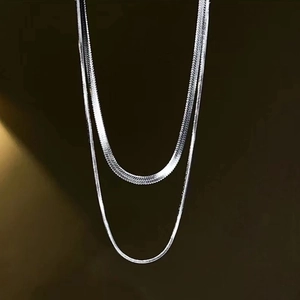 Minimalist double layer silver snake chain necklace in titanium steel for women