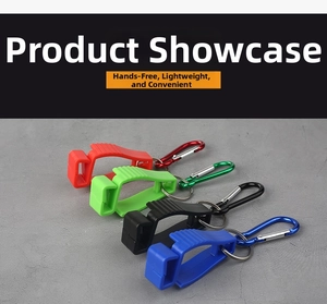 Detail view of multi-colored bottle carrier clips with carabiners for outdoor use