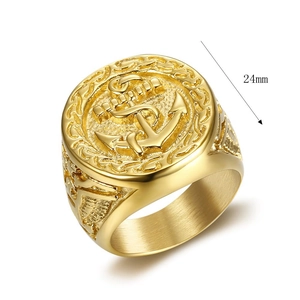 Men's gold vacuum plated stainless steel ring featuring eagle anchor relief and 24mm width