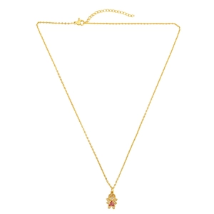 Detail of gold-plated necklace featuring a girl pendant set with pink and white zircons