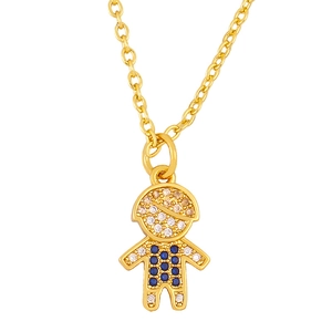 Charming gold plated boy pendant necklace with sparkling blue and white crystal stones