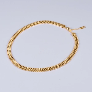 Double-layered 18K gold-plated stainless steel chain necklace with wheat link design