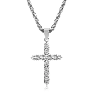 Silver hip hop cross necklace with sparkling cubic zirconia on a twisted rope chain