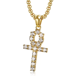 Collier pendentif croix Ankh plaqué or serti de zircons brillants sur chaîne box