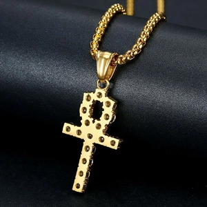 Collier avec pendentif croix d'Ankh hip hop plaqué or avec zircons et chaîne box