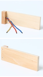 Close-up of wooden braiding board with red yellow and blue ropes for Montessori skills