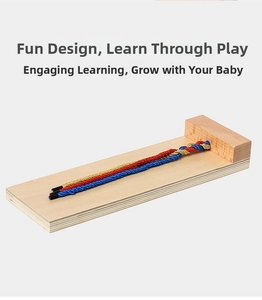 Detail of Montessori wooden braiding board with red yellow and blue fiber ropes