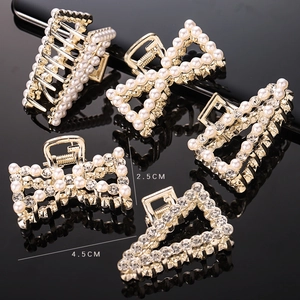 Hair Claw Clips Elegant Geometric Alloy Metal Hairpins With Faux Artificial Pearl Rhinestone For Women Party Daily Accessories