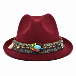 Burgundy wool felt jazz hat with bohemian beads, turquoise stone and pink tassels