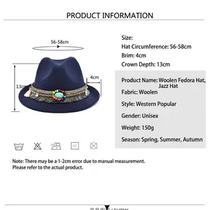 Navy blue wool fedora hat with turquoise beads and size specifications for men and women