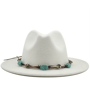 Women Wide Brim Fedora Hat Woolen Felt Bohemian Ethnic Woven Band Turquoise Decor Retro Jazz Cap