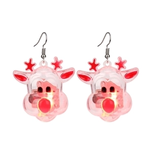 Pink reindeer Christmas earrings with glowing LED light and silver metal hooks