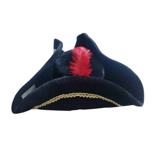 Detail of vintage blue tricorn hat with red feather and gold trim for cosplay