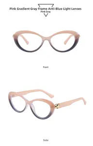 Detailed front and side views of pink gradient cat-eye sunglasses with golden leopard hardware