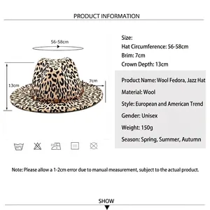 Leopard print wool fedora hat with 56-58cm circumference and size chart specifications