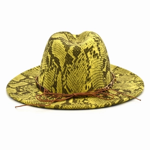 Yellow snake print wool fedora hat with leopard band and wide brim for women and men