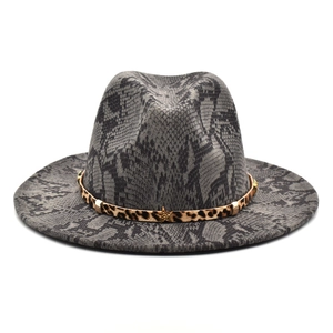 Snake Print Wide Brim Fedora Hat Woolen Felt With Leopard Band And Gold Metal Star Ornament Retro Jazz Style Unisex