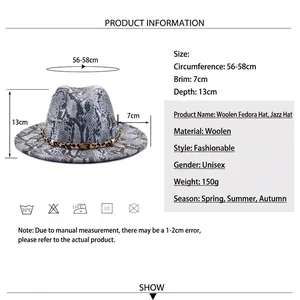 British style wool fedora hat with snakeskin pattern and leopard print band size guide