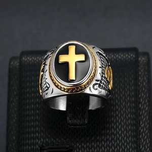 Hip hop titanium steel Hand of God ring with golden cross and embossed patterns
