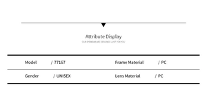 Detailed specifications table for unisex PC frame sunglasses showing model 77167 information