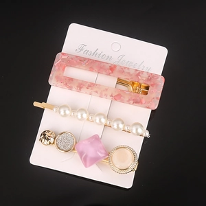3-piece Korean style hair clip set with pink acrylic glitter and pearls on gold base