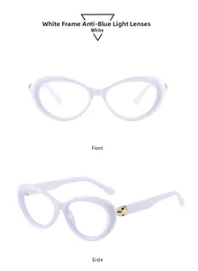Detailed close-up of white cat-eye frame with golden leopard metal decor and anti-blue lenses