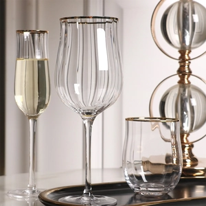 Ribbed Glass Wine Glasses Gold Rim Iridescent Tulip Champagne Flutes Cocktail Cups Drinking Stemware Elegant Party