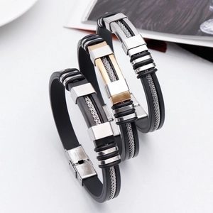 Men's punk fashion stainless steel bracelet with black rubber and gold accents
