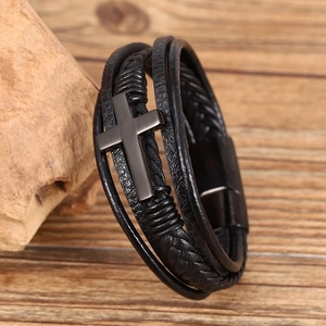 Men's multilayer black braided leather bracelet with a black metal cross and magnetic clasp