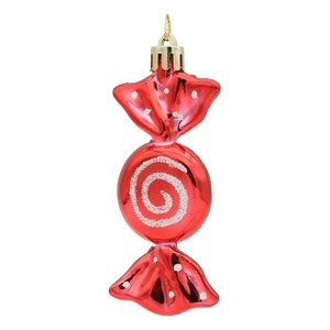 Red Christmas candy ornament with silver glitter spirals and electroplated metallic finish