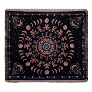 Bohemian black moon phase knitted throw blanket with mandala pattern and decorative tassels