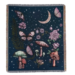 Bohemian forest night picnic blanket with butterfly and flower woven tapestry patterns