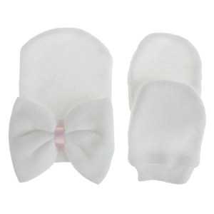 Conjunto de gorro y manoplas de punto blanco para recién nacido con lazo decorativo