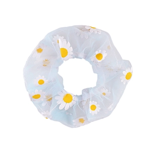 Light blue mesh daisy hair scrunchie with floral prints on a clean white background
