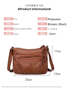 Brown faux leather crossbody bag with woven detail measuring 23cm by 12cm by 17cm