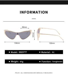 Detailed size chart for futuristic metal triangle sunglasses with precise frame dimensions
