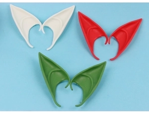Detailed view of latex elf ears in white, red and green for Halloween cosplay parties