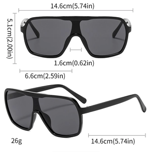 Detailed dimensions of black oversized wrap sunglasses with silver trim and specifications