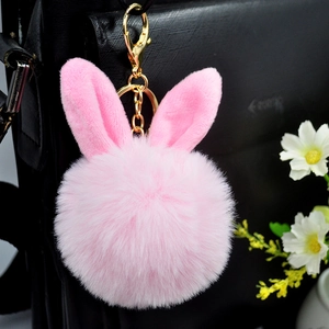 Bunny Ear Pom Pom Keychain Fluffy Faux Fur Soft Animal Ear Bag Charm Pendant Golden Metal Clasp Cute Accessory Women Girls