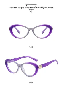 Detail of purple gradient cat eye glasses frame with anti-blue light lenses and metal accents