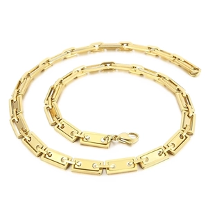 Hip hop style gold rectangle link chain necklace with lobster clasp on white background