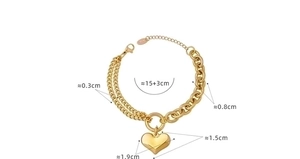 Detailed size specifications for gold heart pendant bracelet with asymmetrical chain link