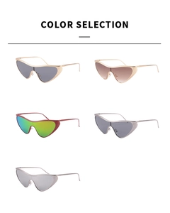 Detailed color selection for futuristic wraparound sunglasses in five metallic frame options