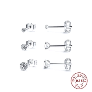 Set of three S925 sterling silver stud earrings with round cubic zirconia in varied sizes