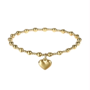 Polished 18K gold-plated stainless steel beaded bracelet with a heart-shaped charm